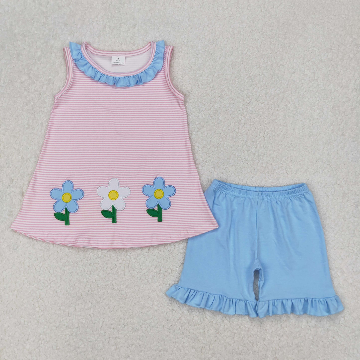 embroidery GSSO1895 cute flowers pink striped sleeveless blue shorts girls set