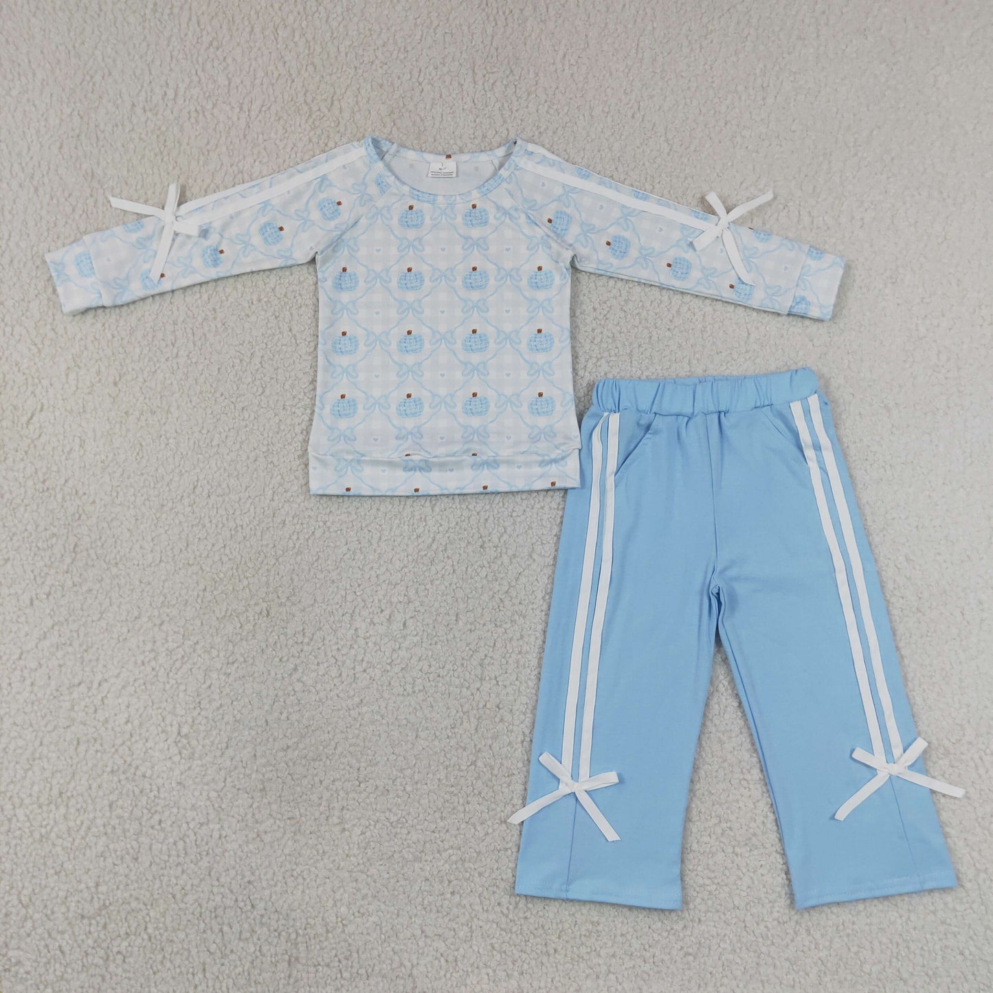 GLP3351 Blue Pumpkin Bows Long Sleeve Pants Girls Set