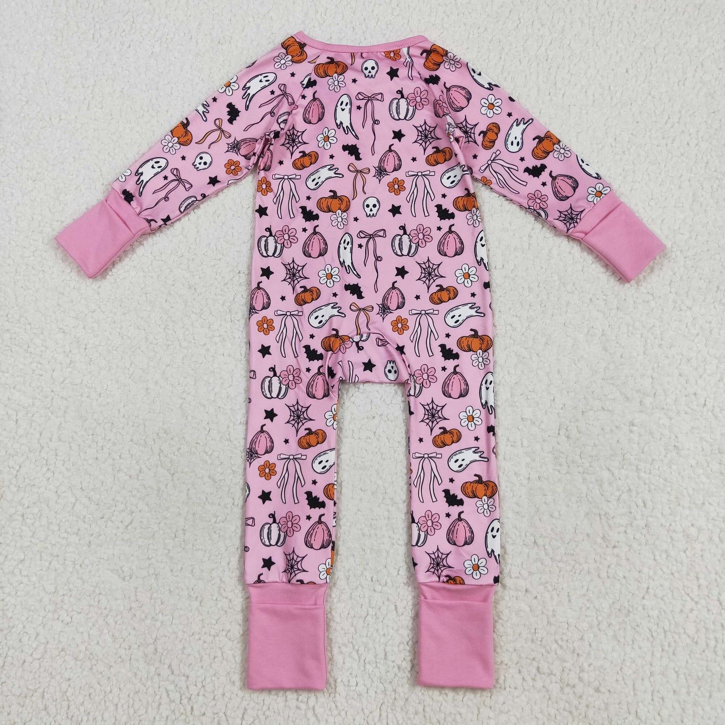 Custom moq 20 bamboo Halloween spooky pumpkin pink zipper long sleeve girls romper