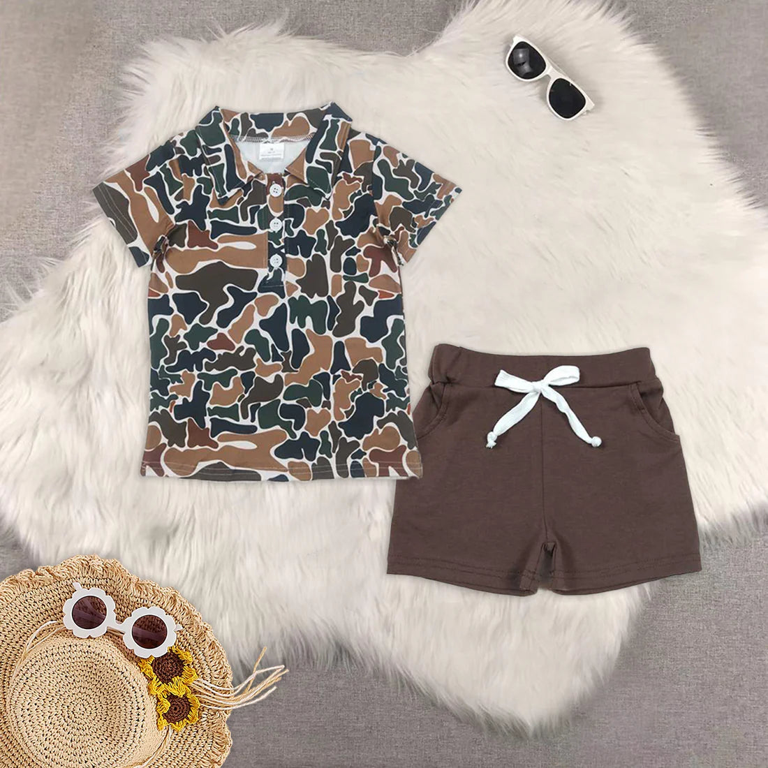 hunting camo brown camo short sleeve brown shorts boys set BT1213+SS0134