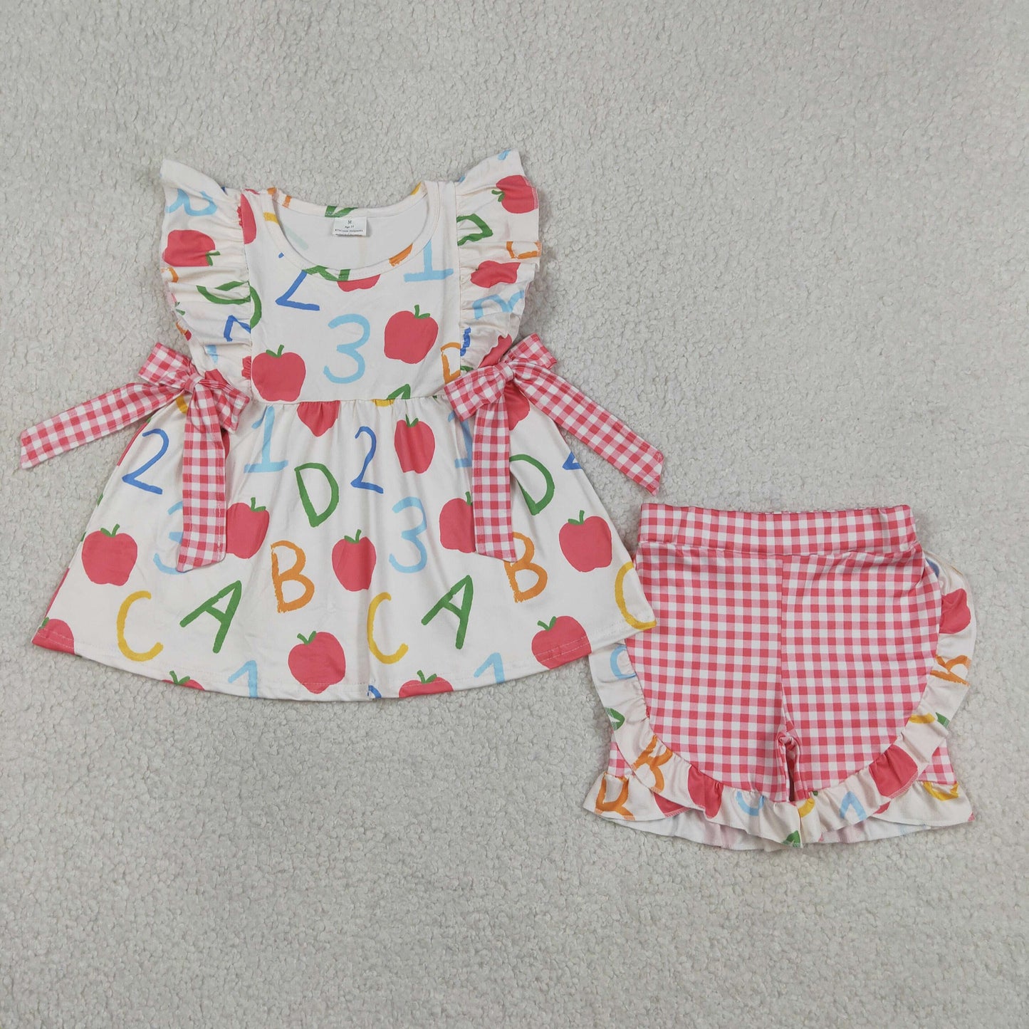 GSSO3258 Back To School Apple Pocket Flutter Sleeve Red Checkered Shorts Girls Set