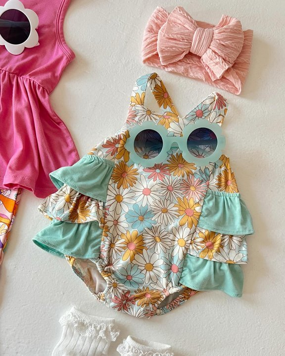 preorder SR1688 colorful flowers green cute baby girls green romper