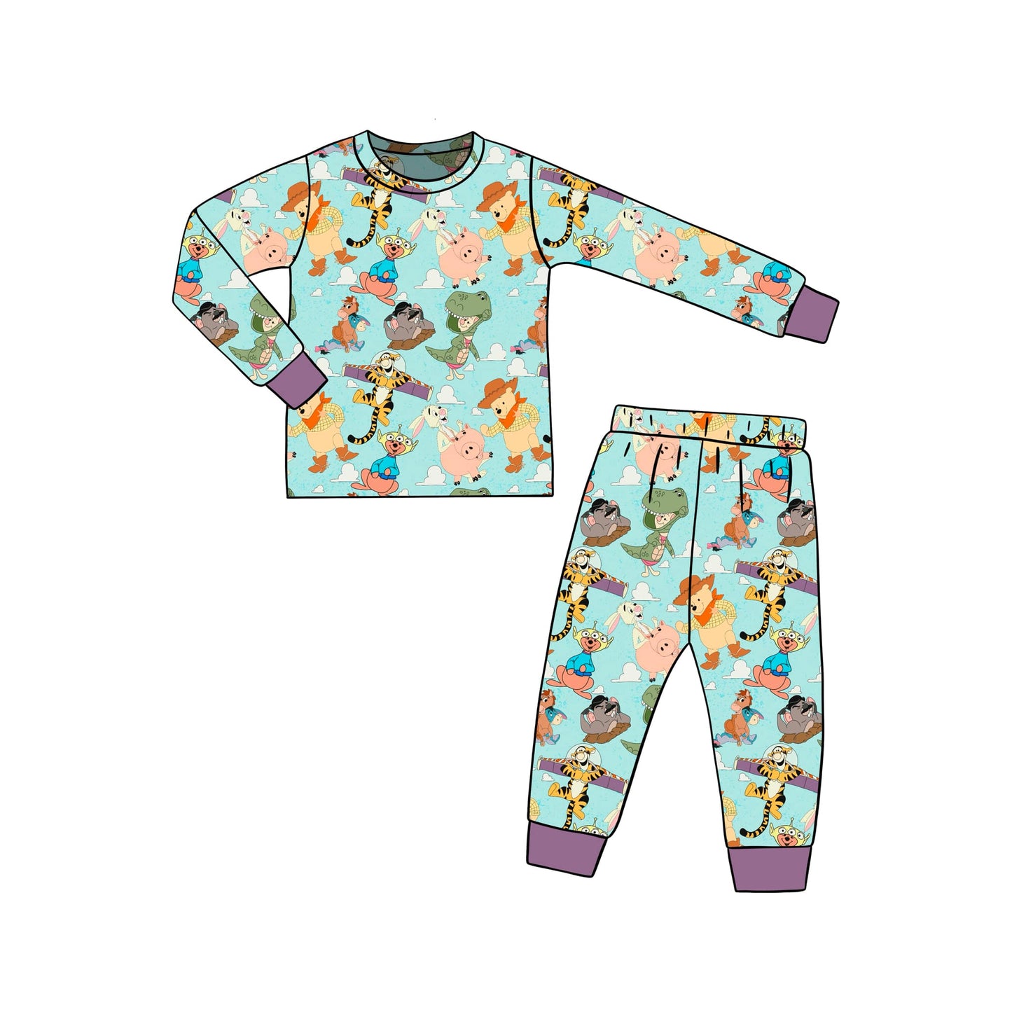 custom cartoon bear tiger dinosaur purple long sleeve pants boys pajamas