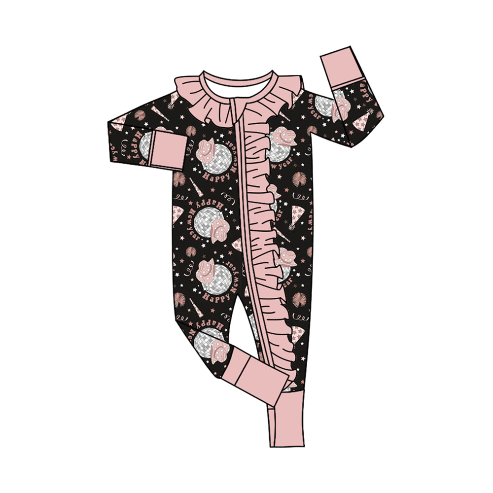 Custom moq 20 bamboo happy new year Western light pink long sleeve zipper girls romper