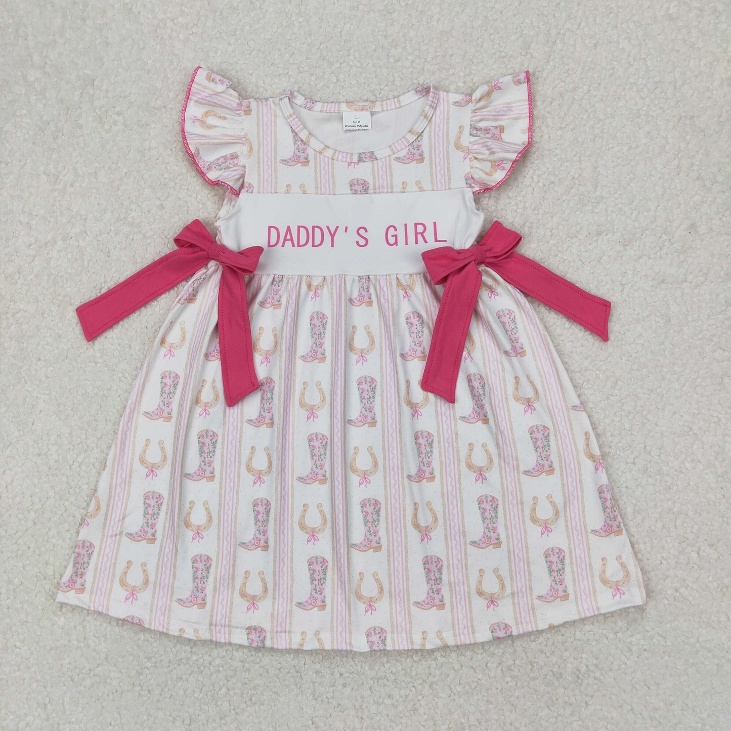 GSD2053 daddy's girl Western boot pink bows flutter sleeve girls dress