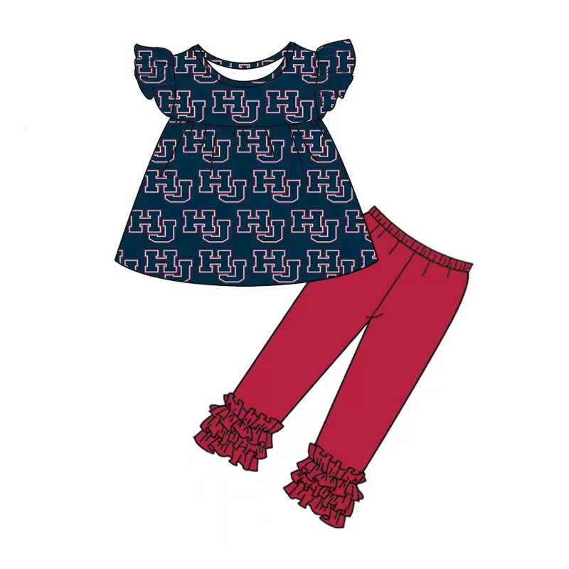 custom team set 7 Grey flutter sleeve red pants girls set
