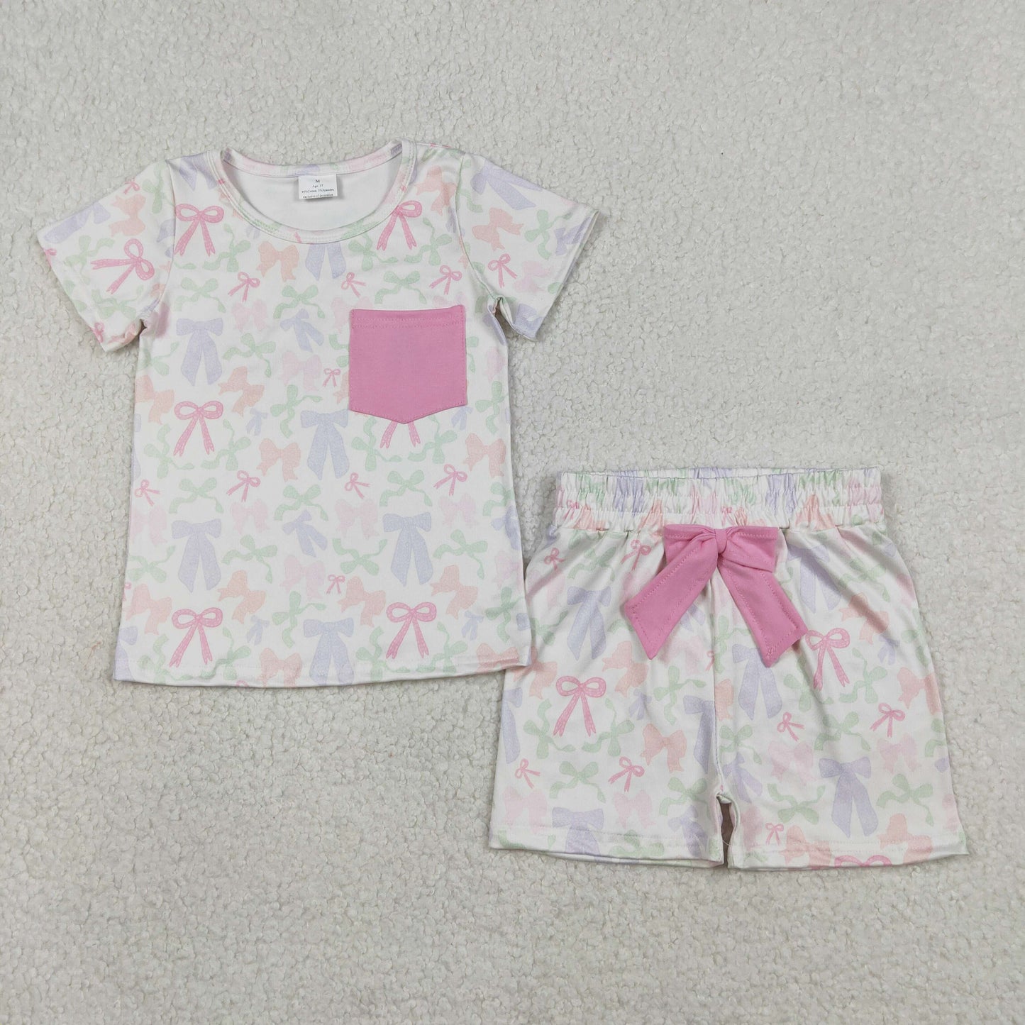 GSSO2990 Colorful Bows Pink Pocket Short Sleeve Shorts Girls Set