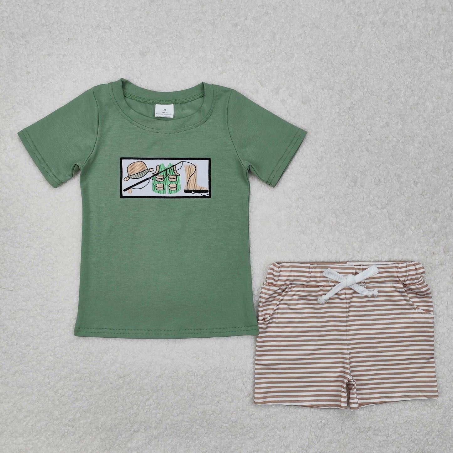 embroidery BSSO1154 Hunting Fishing Green Short Sleeve Striped Shorts Boys Set