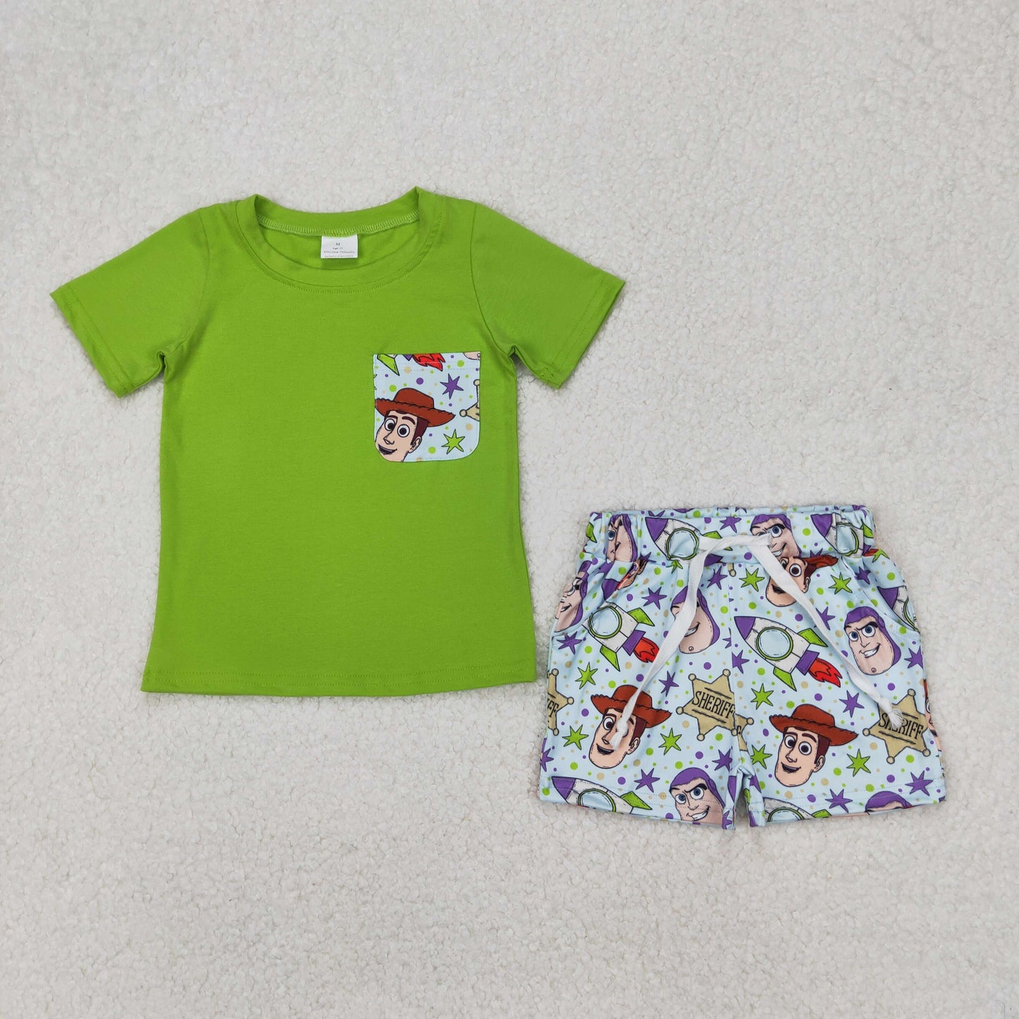 BSSO1370 cartoon toy green pocket short sleeve shorts boys set