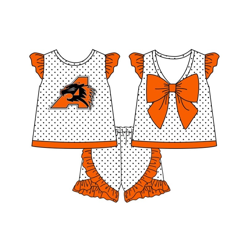 custom style A orange dot bow flutter sleeve shorts girls set
