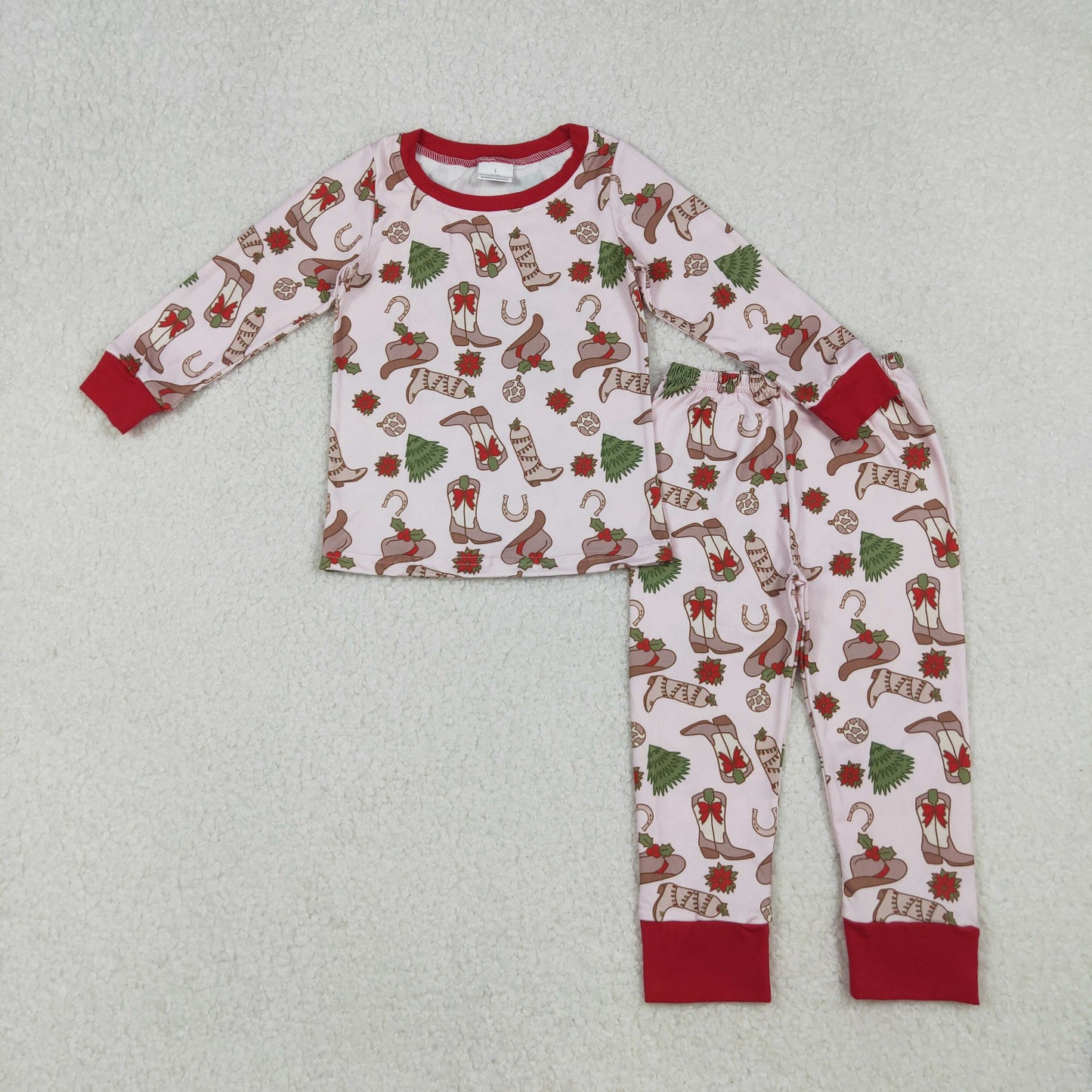 GLP2729 Western Christmas boots tree pink long sleeve pants girls pajamas