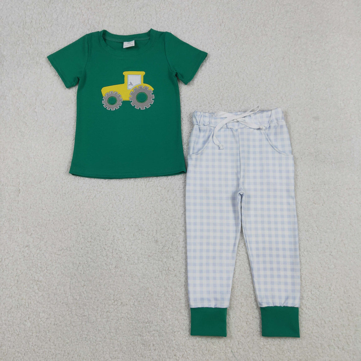 Embroidery BSPO0615 tractor green short sleeve blue checkered pants boys set