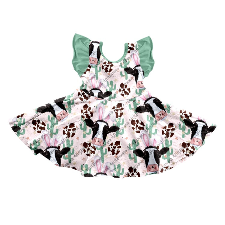 preorder GSD0628 Western Cow Cactus Green Flutter Sleeve Girls Dress