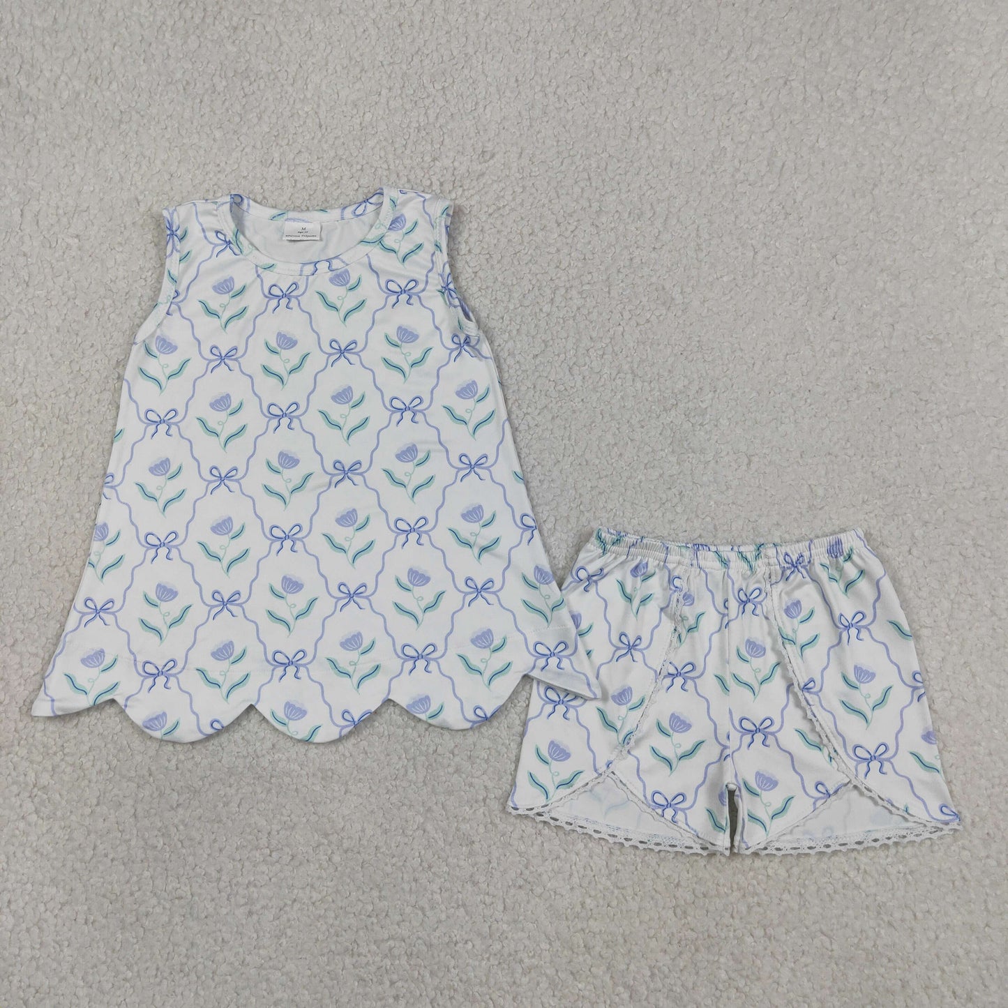 GSSO3426 Scallop Purple Flowers Bows Sleeveless Shorts Girls Set