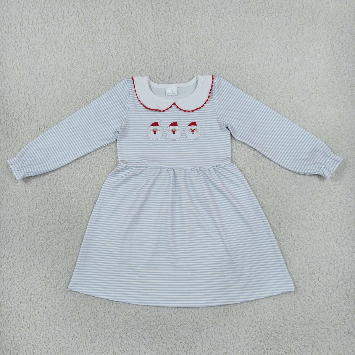 Embroidery GLD1673 Christmas Santa Blue Long Sleeve Girls Dress