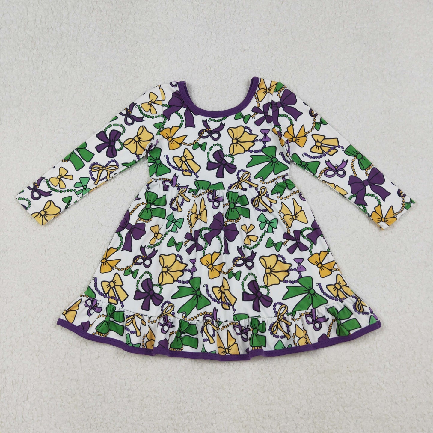GLD1320 Mardi Gras yellow green purple bows long sleeve girls dress