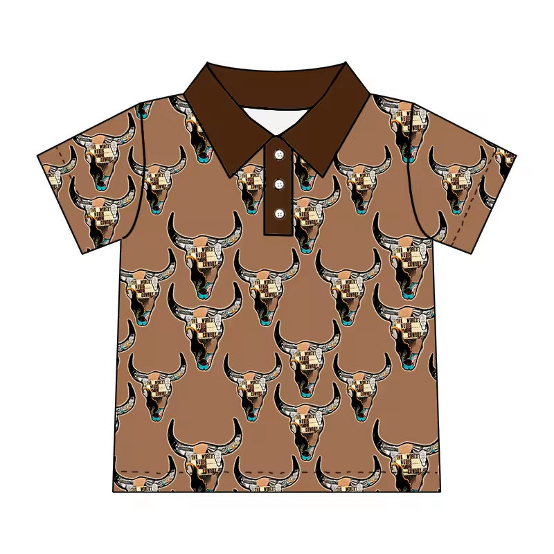 custom style Western cow brown short sleeve boys top