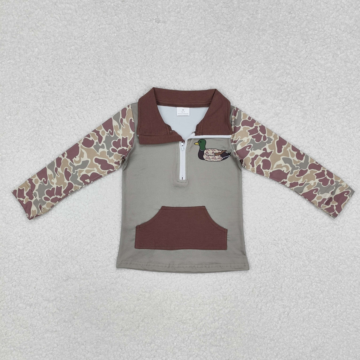 embroidery BT0926 cute camo mallard duck green pocket zipper long sleeve boys pullover