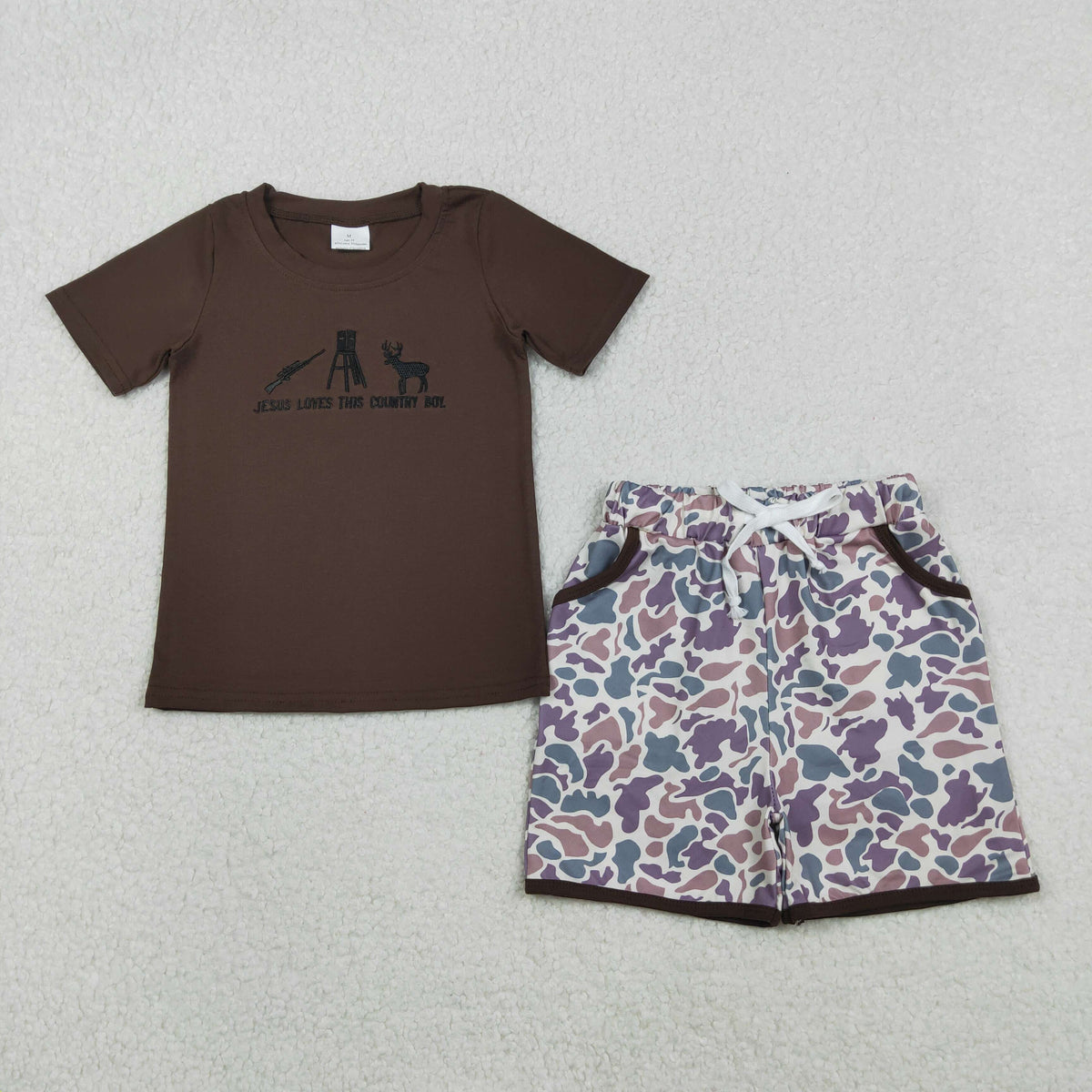 embroidery BSSO1562 hunting deer brown short sleeve camo shorts boys set