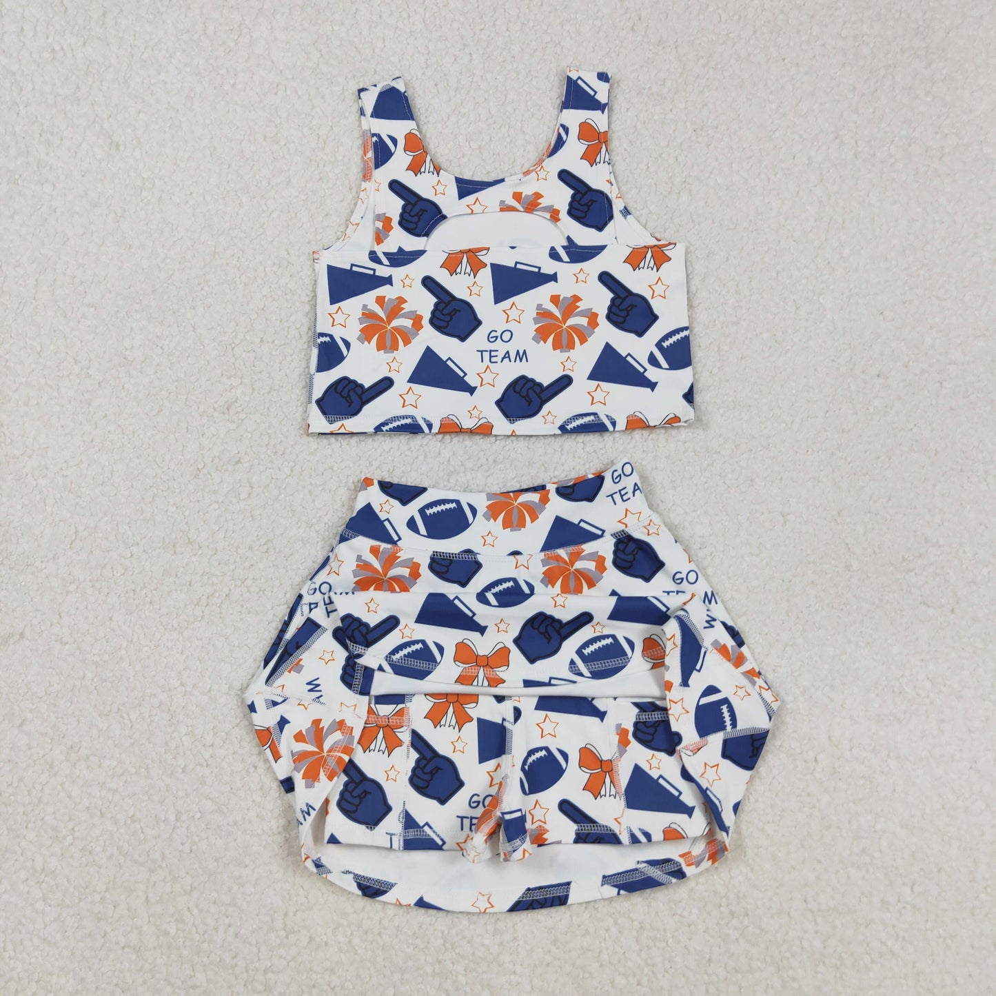 GSD2694 yoga football team cheer bows navy blue/orange sleeveless skirt skorts girls set