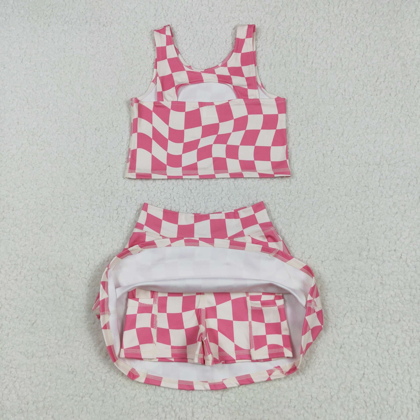 GSD2329 yoga pink checkered sleeveless skirt with shorts girls set