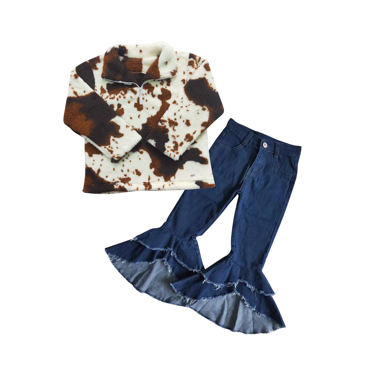 GLP0960 Ink pattern long sleeve kids plush pullover blue bell bottom denim pants girls set