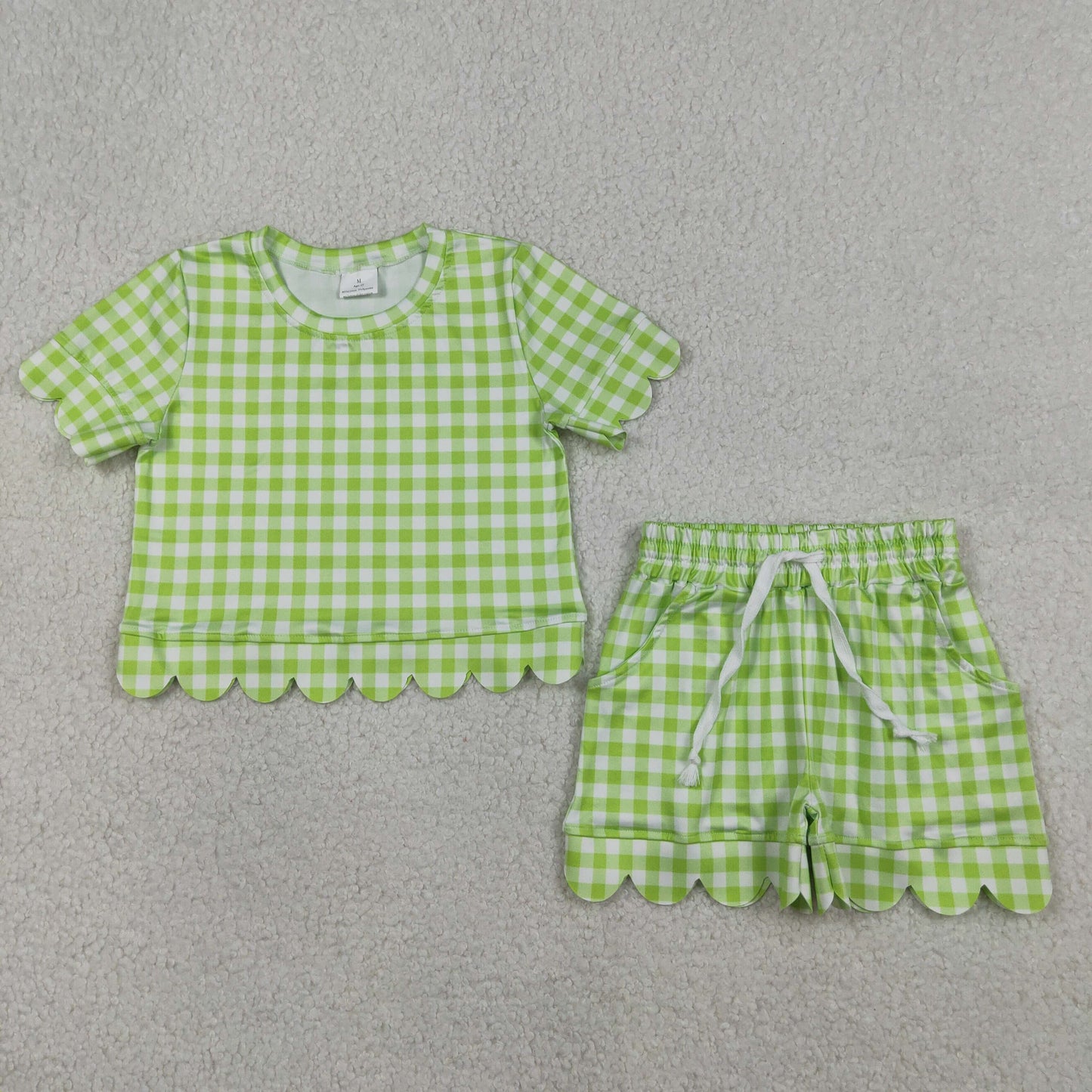 GSSO3189 Scallop Green Checkered Short Sleeve Shorts Girls Set