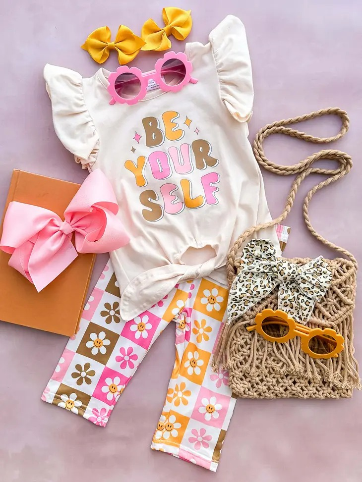 preorder GSPO1413 Be Your Self flutter sleeve flowers pants girls set