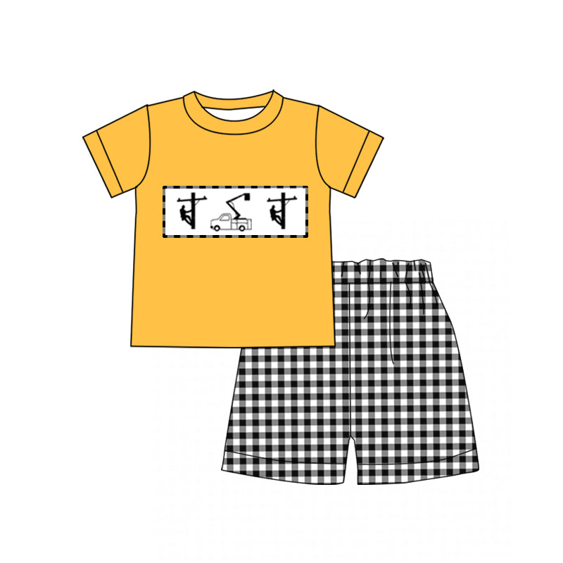 preorder BSSO0691 Lineman yellow short sleeve black checkered shorts boys set