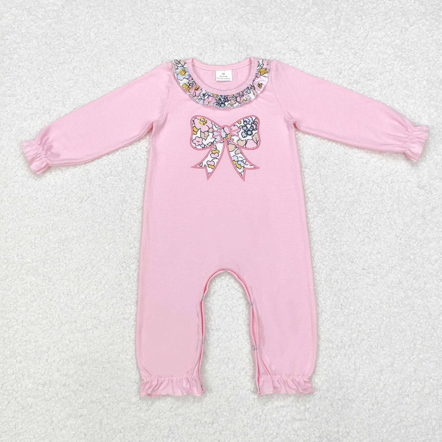 embroidery LR1812 colorful flowers bow pink long sleeve girls romper