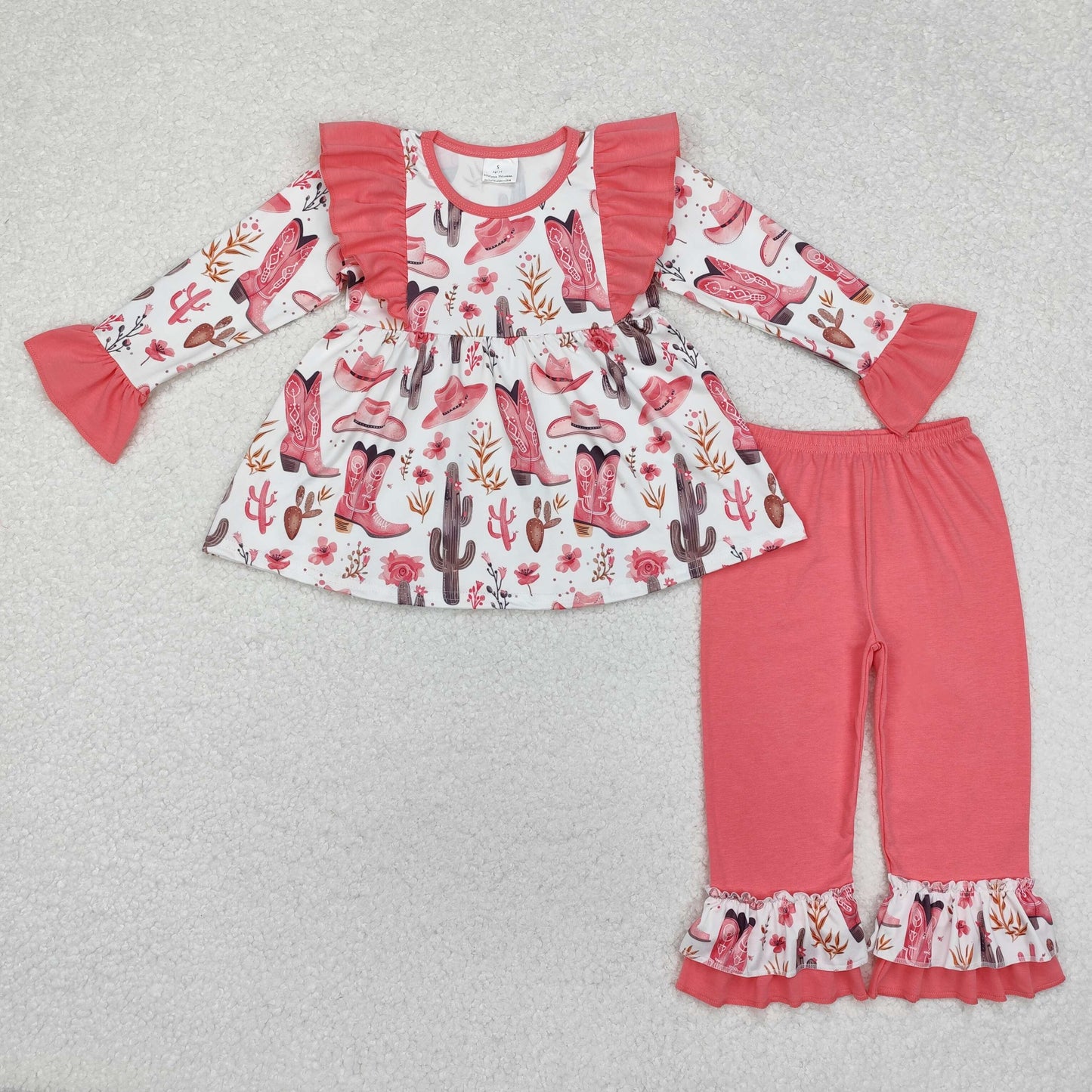 GLP1922 Western boot hat cactus ruffles long sleeve watermelon red pants girls set