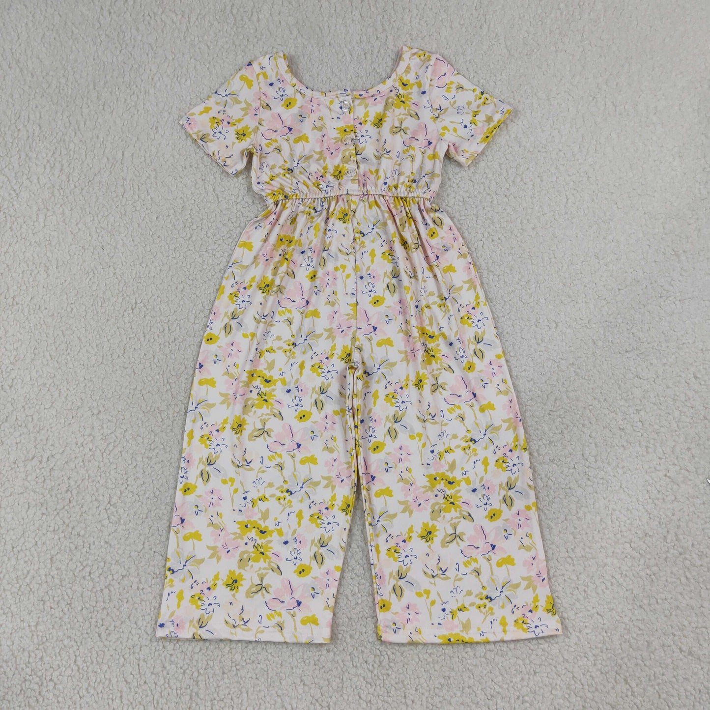 SR4196 Pink Yellow Flowers Short Sleeve Girls Jumpsuits