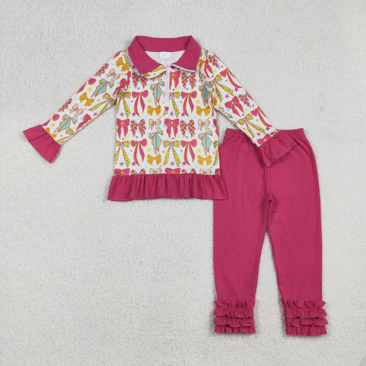 GLP2616 colorful hot pink/yellow/blue bows zipper long sleeve hot pink pants girls set