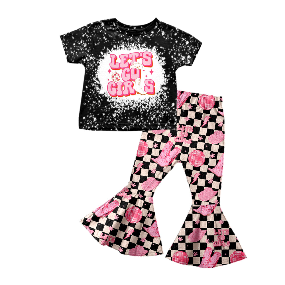 preorder GSPO1057 Let's go girls black short sleeve black checkered pants girls set