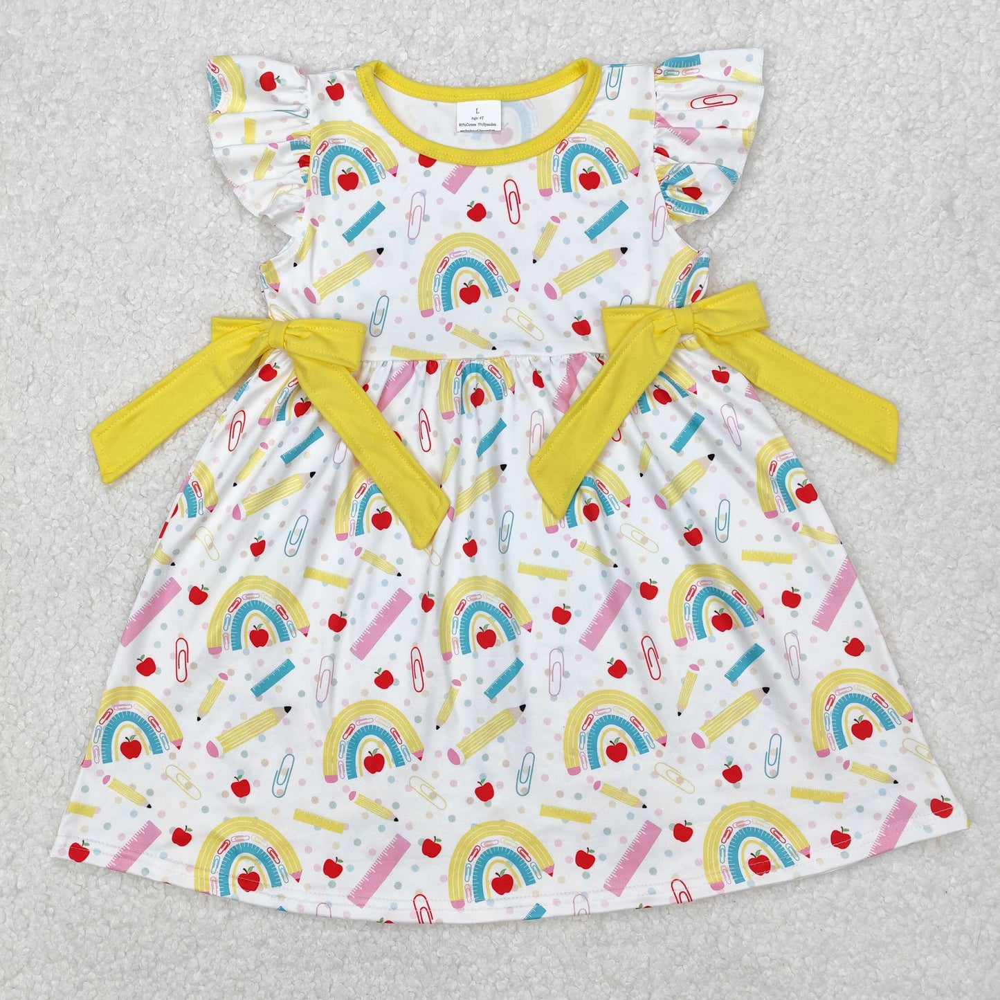 GSD1823 back to school pens rainbows yellow bows flutter sleeve girls dress