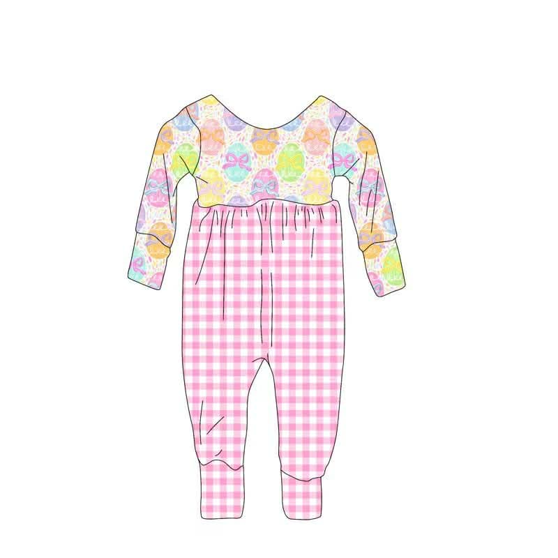 Custom Easter Egg Pink Checkered Long Sleeve Girls Jumpsuits