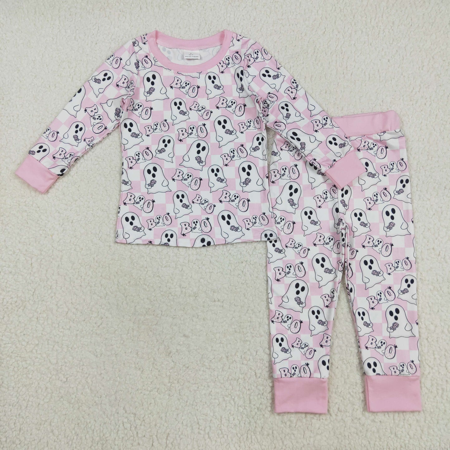 GLP2433 Halloween spooky pink checkered long sleeve pants girls pajamas