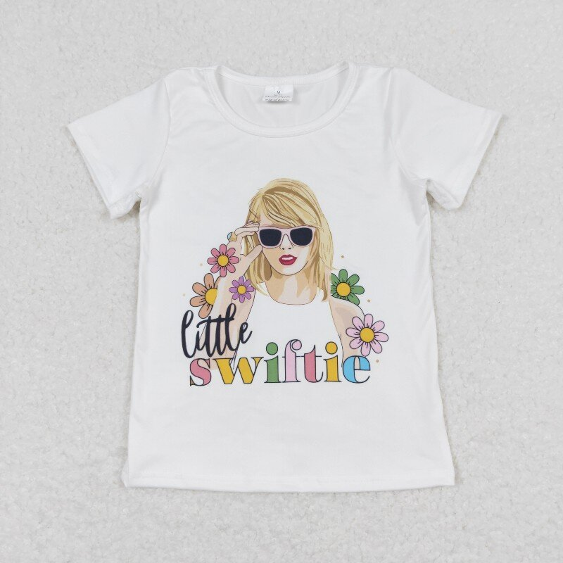 GT0491 Little Country singer flowers white short sleeve girls top