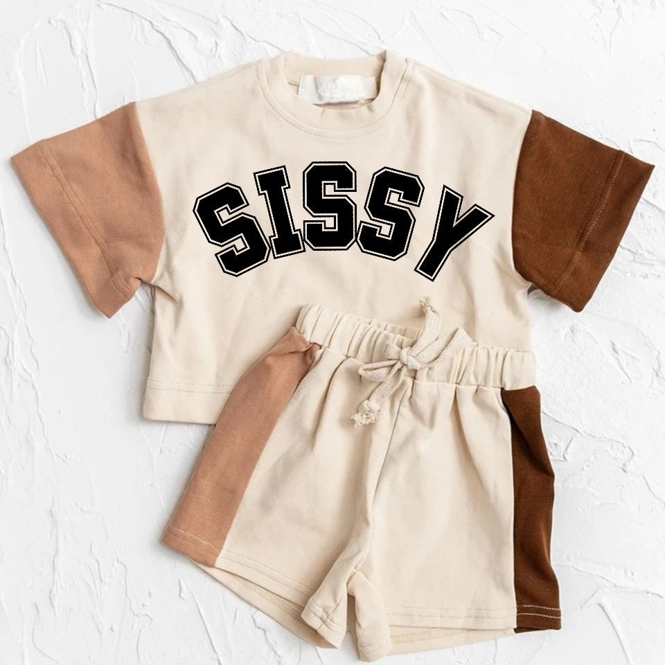 custom moq 3 sissy khaki stitch short sleeve shorts kids set