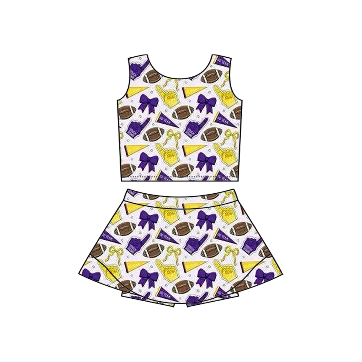 preorder football item cheer bows yellow/purple sleeveless skorts girls set