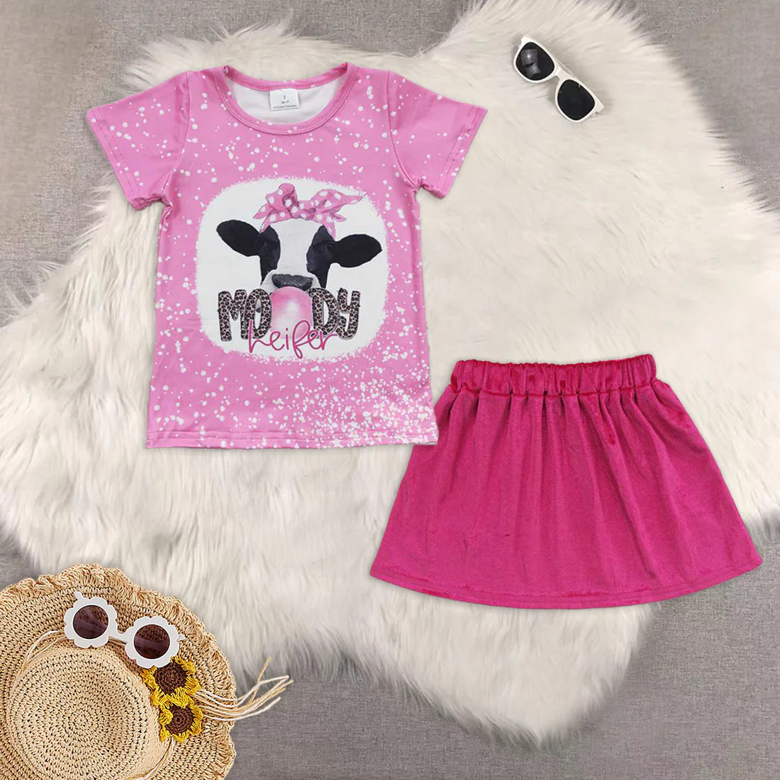 Western moody cow short sleeve hot pink skirt girls set GT0128+GLK0017