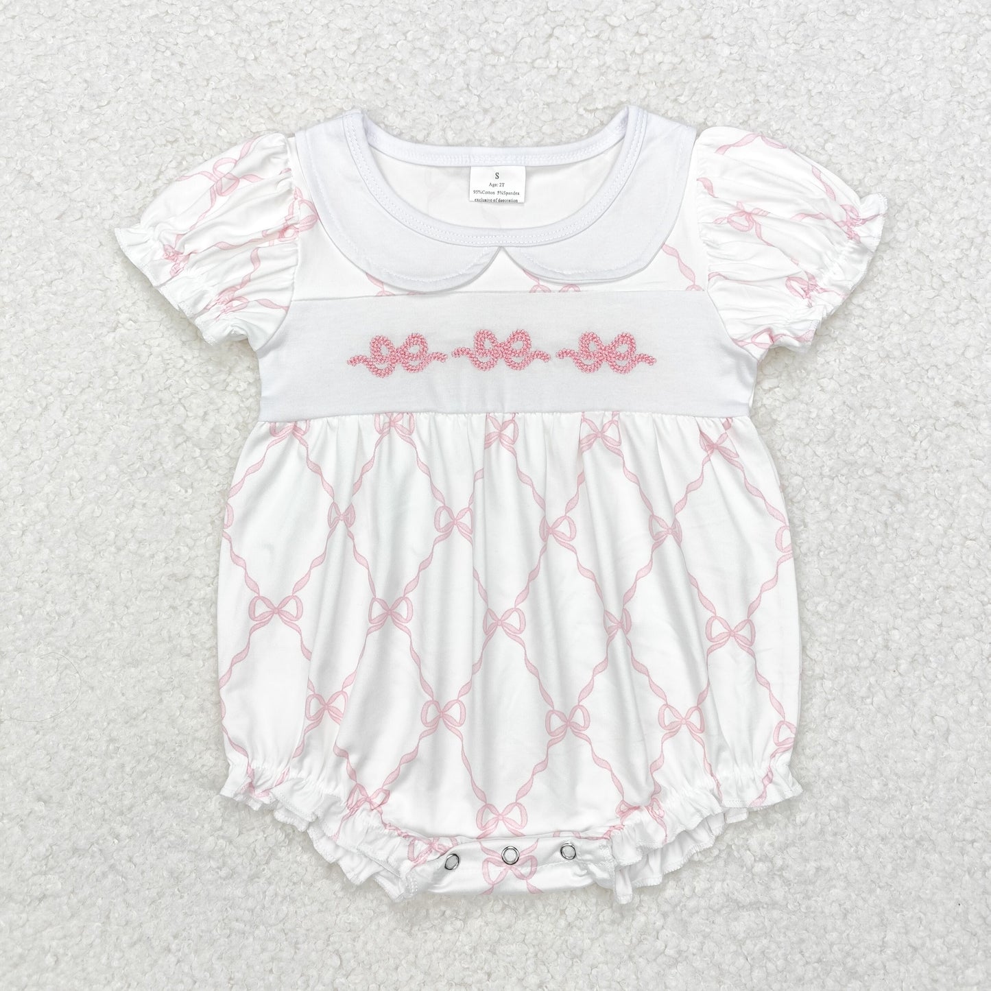 embroidery SR1967 pink bows short sleeve girls romper