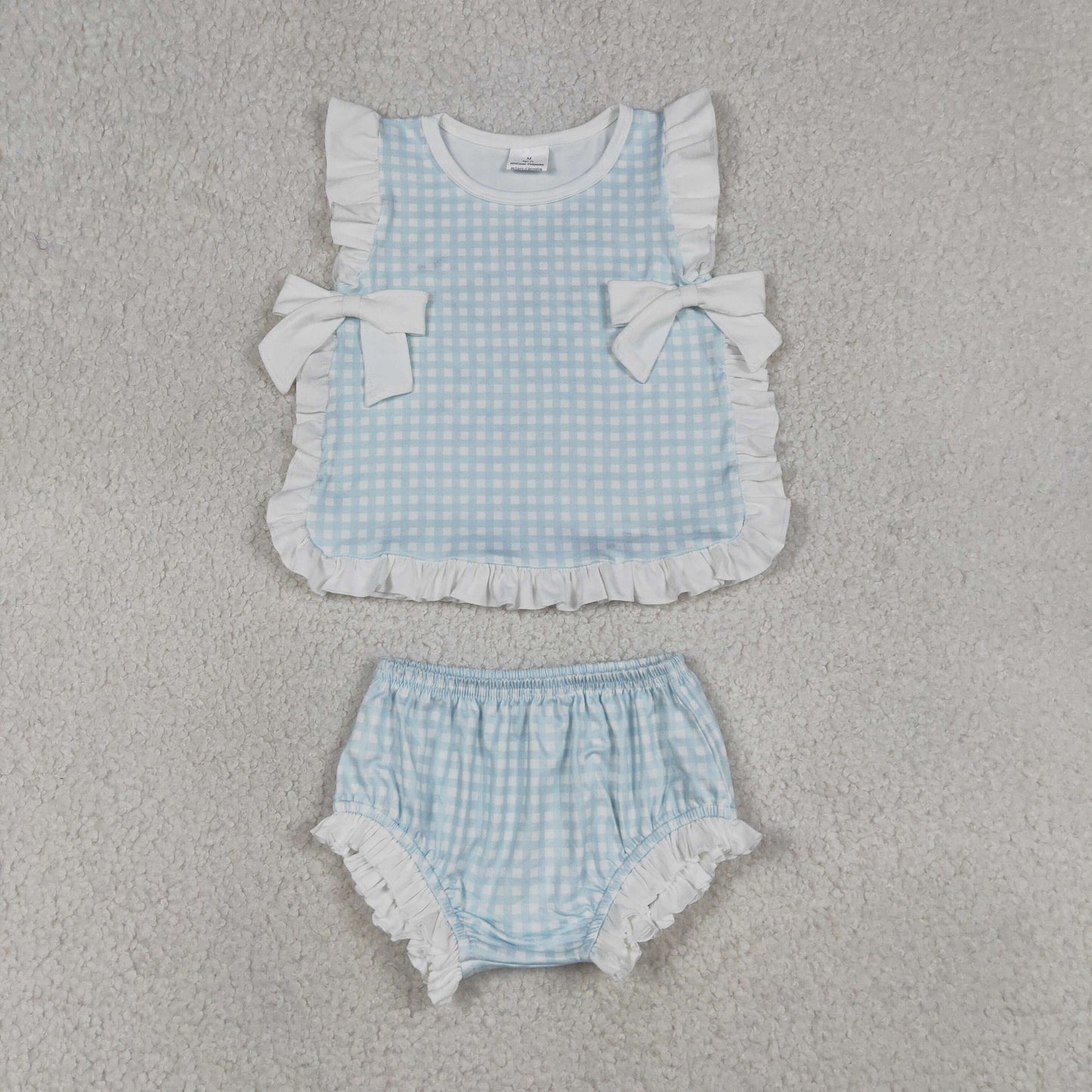 GBO0529 Light Blue Checkered Sleeveless Girls Bummies Set