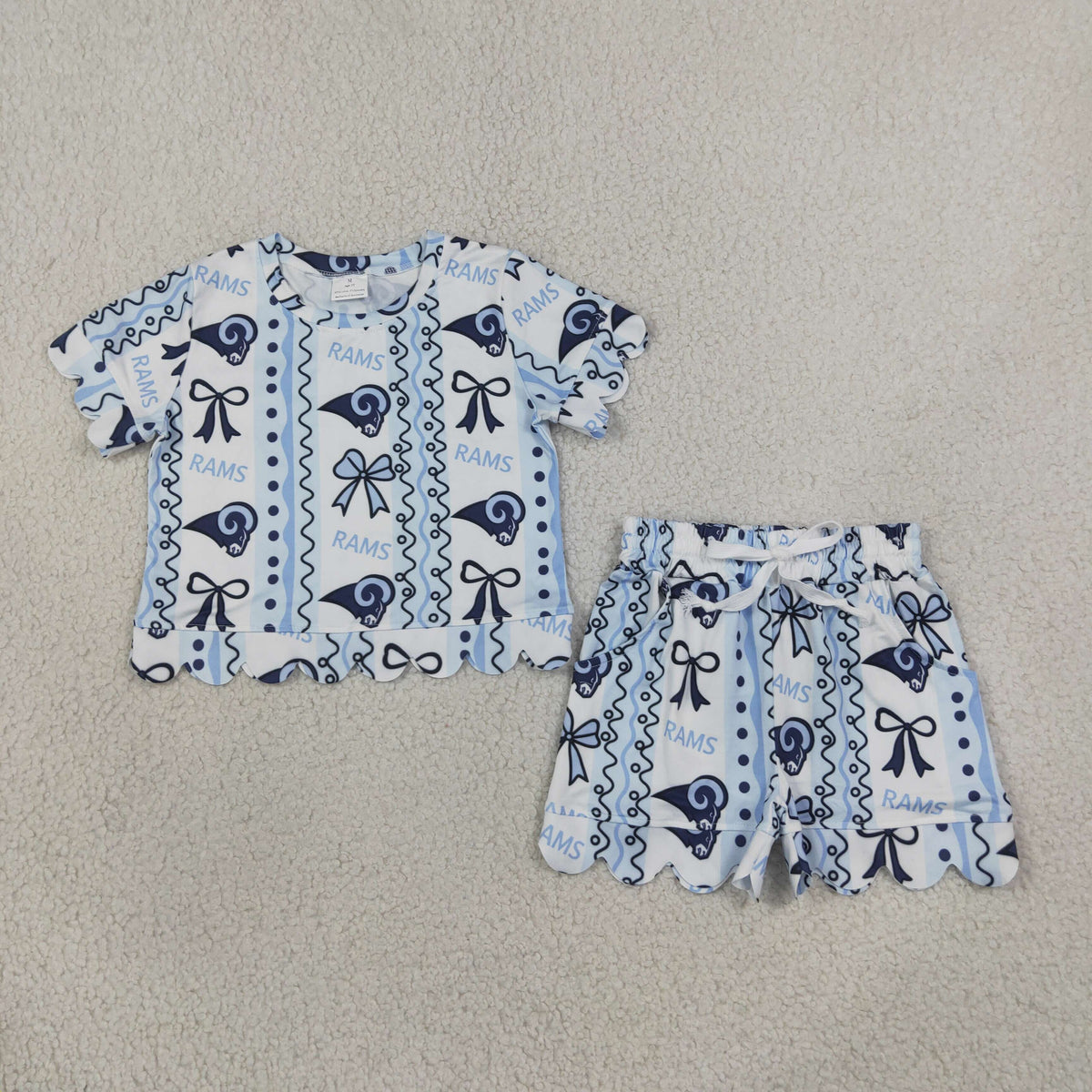 GSSO3853 Scallop RAMS Bows Blue Short Sleeve Shorts Girls Set