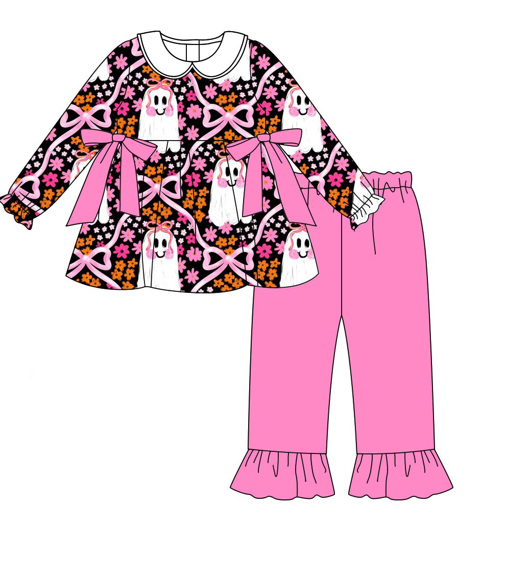 custom moq 5 Halloween spooky flowers bows long sleeve pink pants girls set
