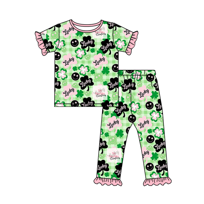 preorder GSPO1002 Saint Patrick lucky green short sleeve pant girls set
