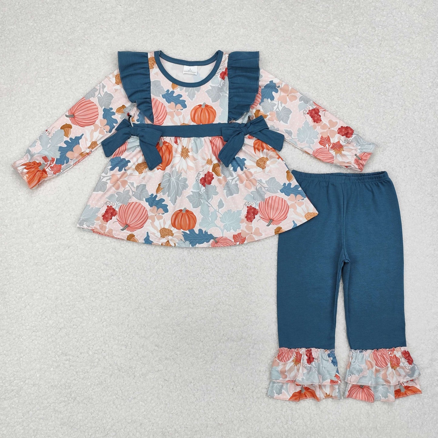 GLP1728 colorful pumpkin bows long sleeve blue pants girls set