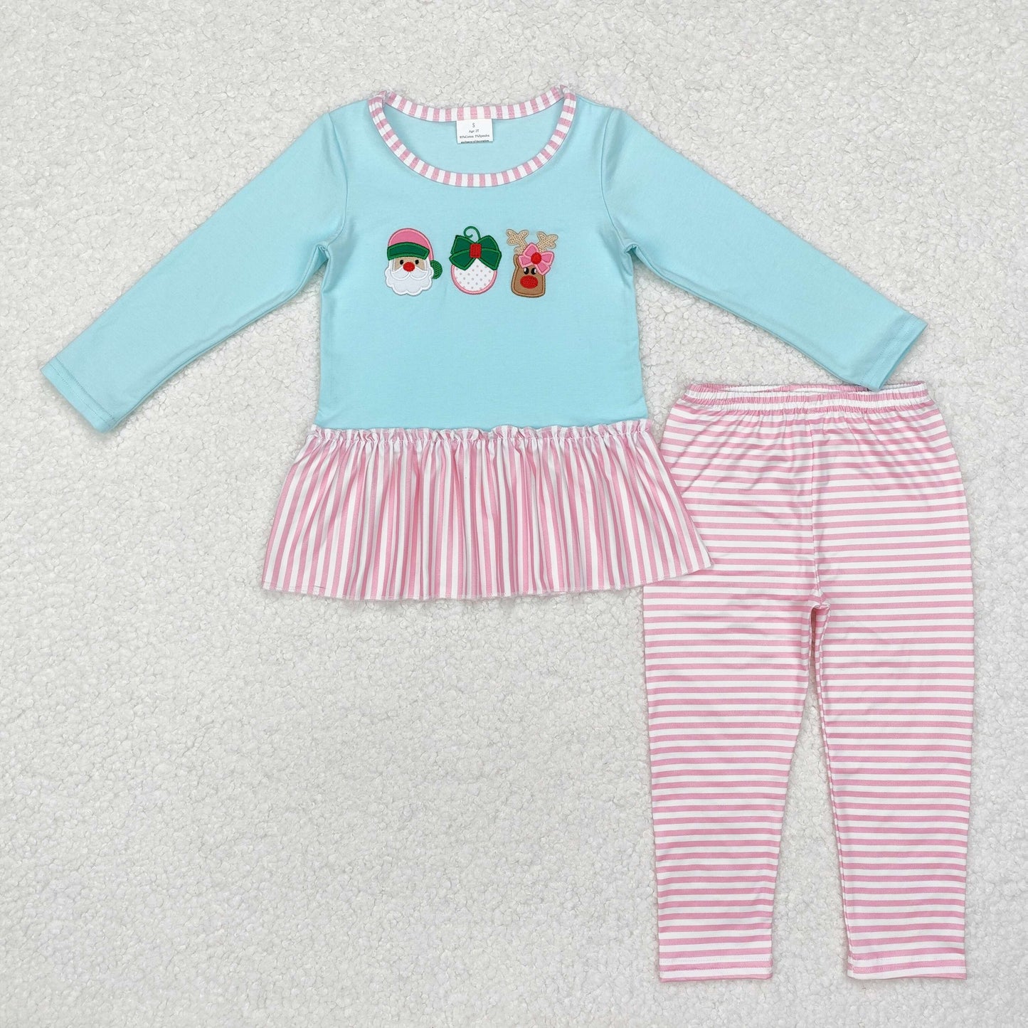 embroidery GLP1770 Christmas Santa deer blue long sleeve pink striped pants girls set