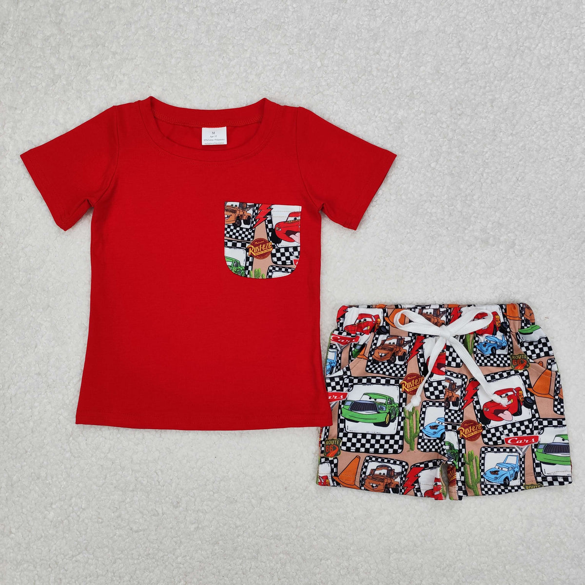 BSSO1256 Cartoon Car Pocket Red Short Sleeve Checkered Shorts Boys Set