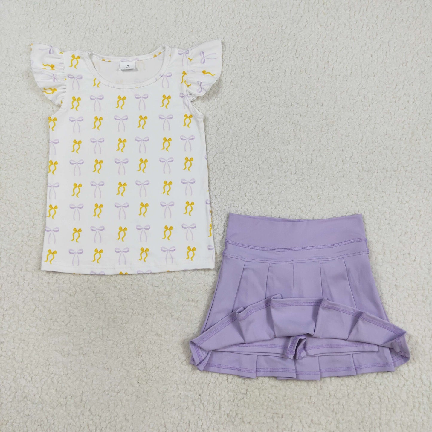 GSD2789 yellow/purple bows flutter sleeve yoga purple skorts skirt girls set